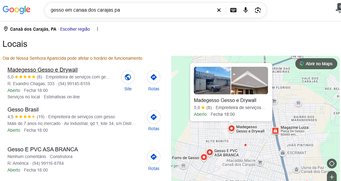 Madegesso Gesso e Drywall em 1º lugar no Google na pesquisa "gesso em canaã dos carajás pa"